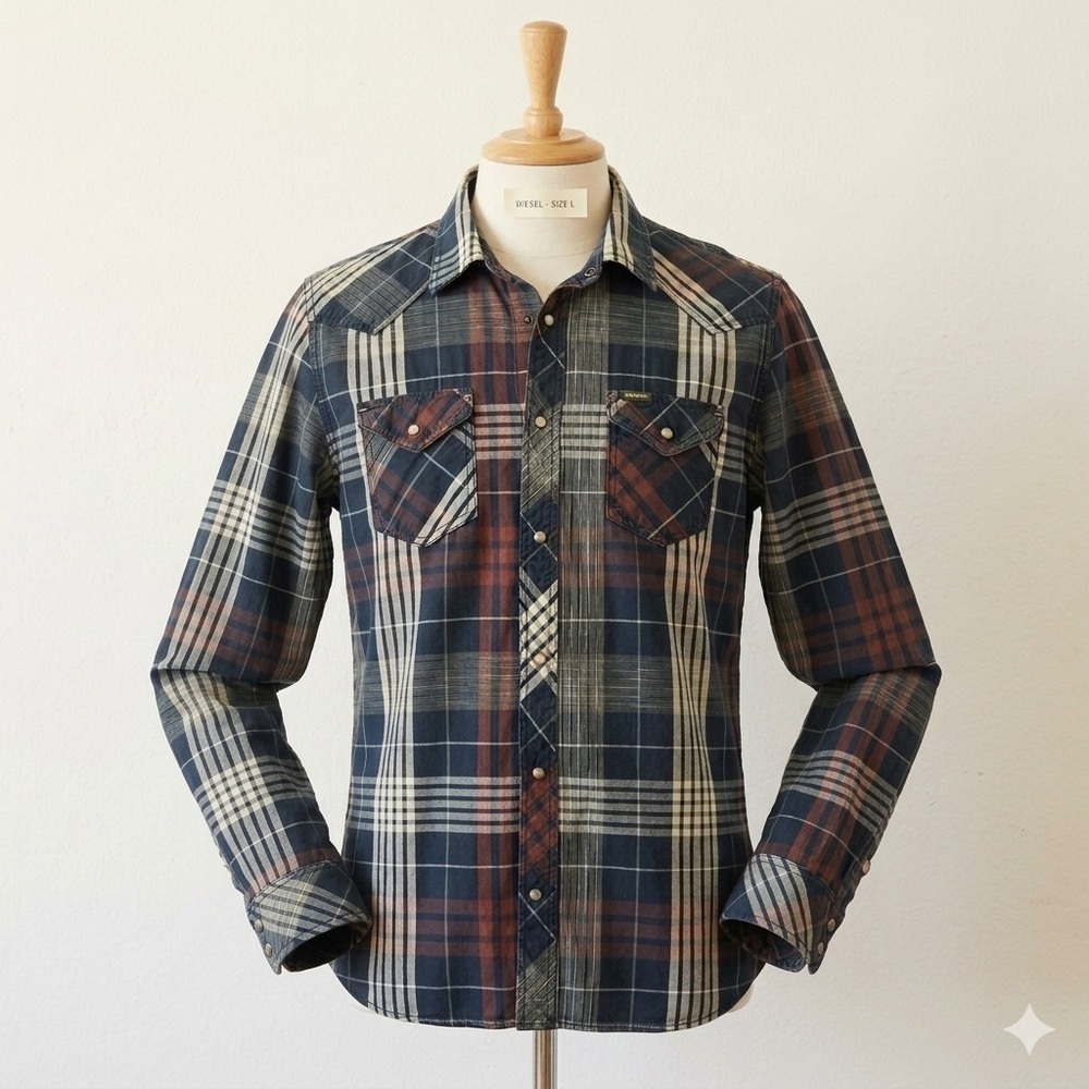 DIESEL Industry Men’s XXL Plaid Pearl Snap Button-Up Long Sleeve Shirt Cotton